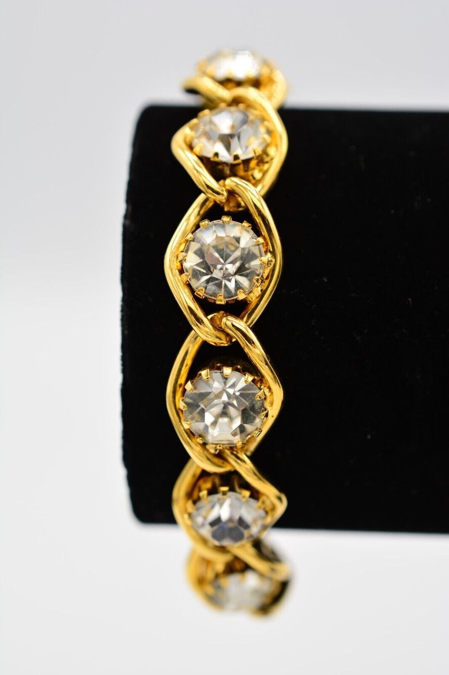 Vintage Crystal Bracelet Chunky Rhinestone Tennis Sparkling Gold Tone 1980s Bin8